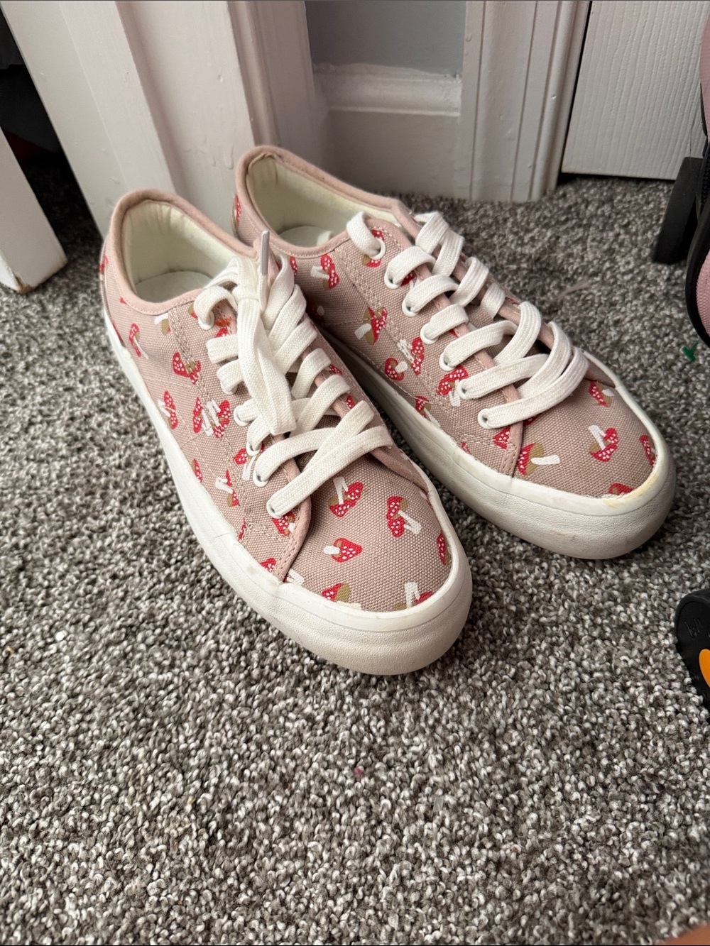 Sincerely Jules Pink Canvas Sneakers with Red Mushroom Print